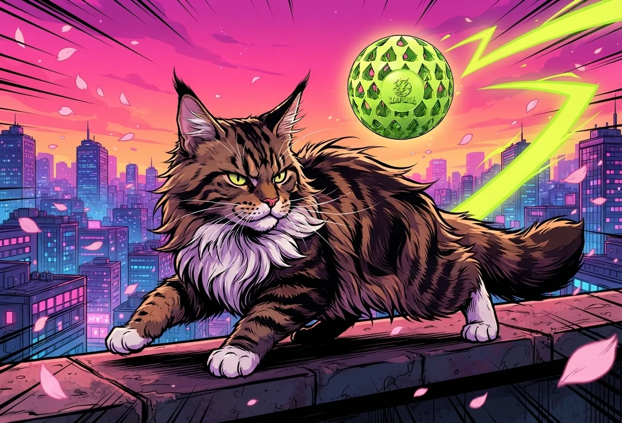 Cat on neon rooftop with ball flying overhead