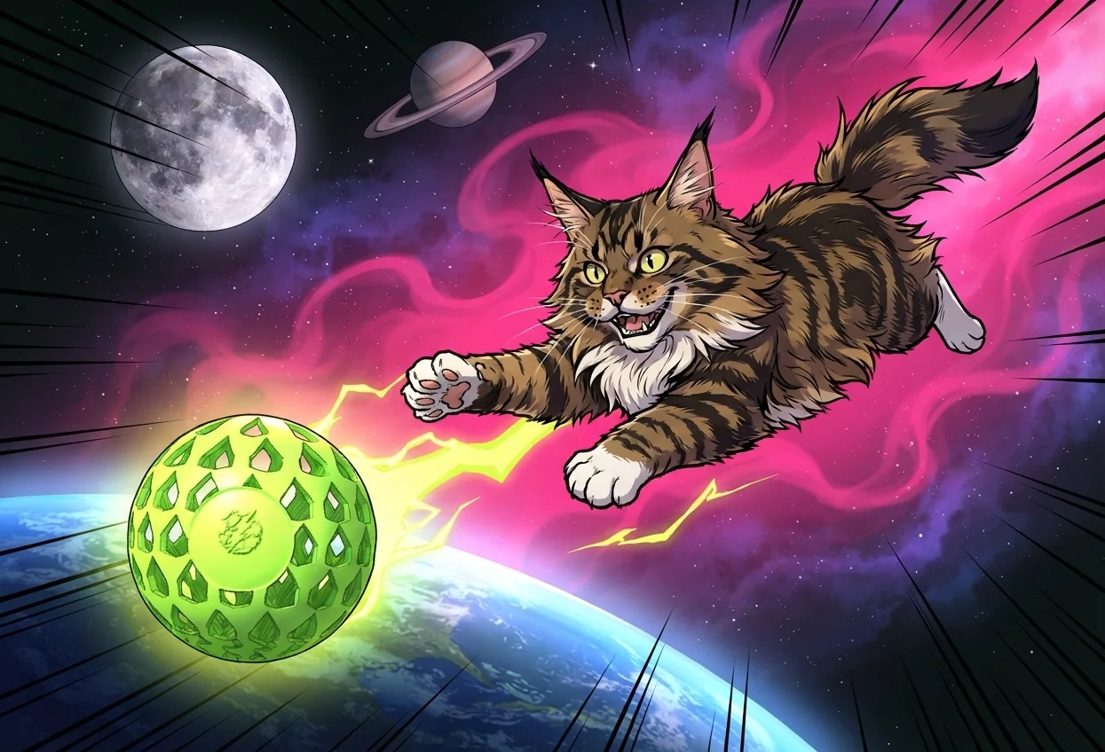 Wide shot of chase scene in orbit with ball