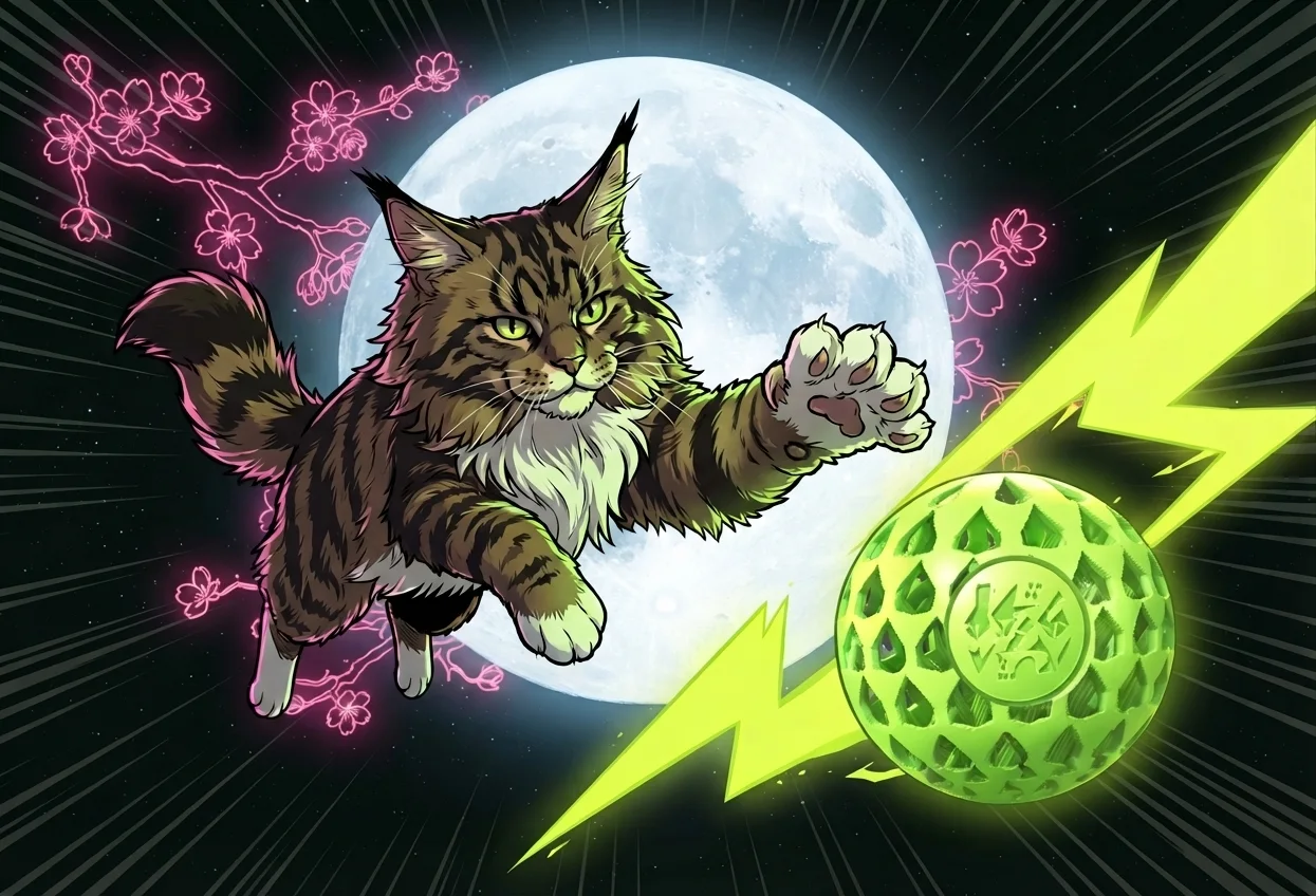 Cat paw striking a green ball under moonlight